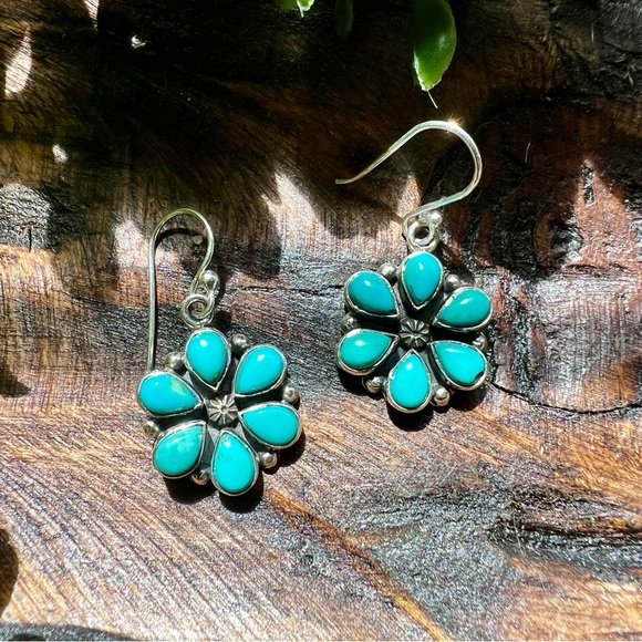 925 Sterling Silver Turquoise Cluster Flower Dangle Earrings Boho Southwestern - Picture 2 of 8